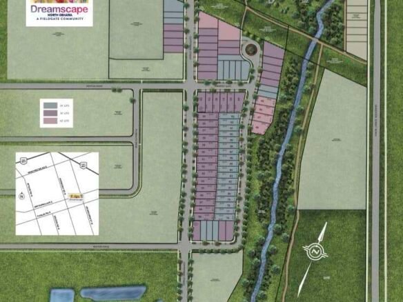 A detailed map of the residential community named Dreamscape by Fieldgate Homes in Oshawa. It shows a layout of plots, streets, a pond, a river, green spaces, and locations for future development. The map also includes a small inset with a larger area location map.