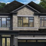 A two-story modern house with a dark gray shingle roof and light gray brick exterior. The front features multiple large windows and a double garage with black doors. A well-maintained lawn is visible, surrounded by greenery and trees in the background—a true dreamscape in Oshawa.