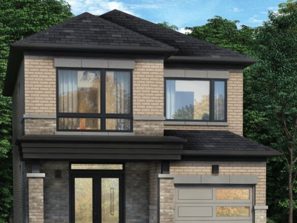 A modern two-story house in Oshawa with a light brick facade, large windows, and a dark gray roof stands as a dreamscape. The front features a double-door entry and a garage. The house is surrounded by lush green trees with the blue sky visible in the background.