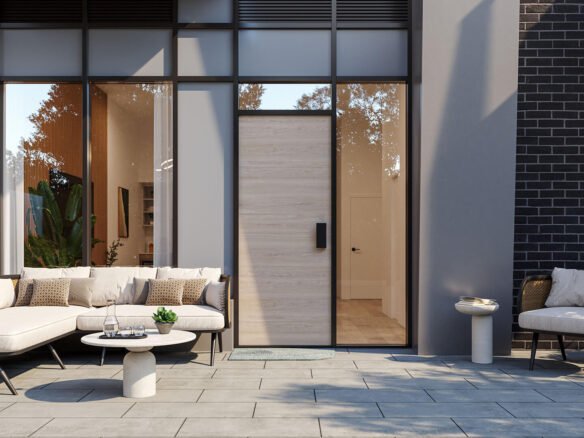 Modern patio with stylish outdoor furniture including a sofa and chairs, complemented by potted plants that add a touch of greenery. Adjacent to tall black-framed windows and a wooden door on a