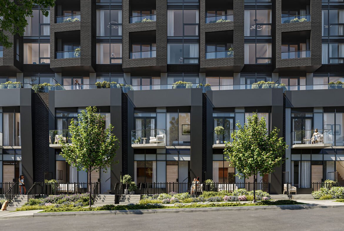 New homes in GTA, featuring modern urban townhouses with balconies, large windows, and landscaped fronts. People and bicycles visible, signaling a lively residential area.