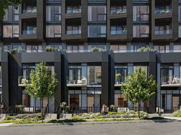 New homes in GTA, featuring modern urban townhouses with balconies, large windows, and landscaped fronts. People and bicycles visible, signaling a lively residential area.