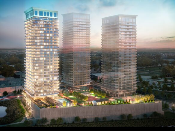 A digital rendering of a modern residential complex at dusk, featuring three tall apartment buildings with illuminated windows, surrounded by green spaces. These new condos in GTA boast sleek glass facades and overlook a landscaped area with pathways and trees.