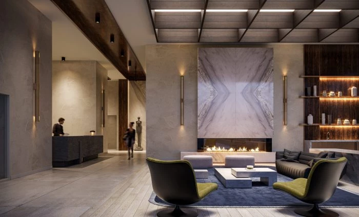 Modern hotel lobby featuring a large central fireplace, sleek sofas, and an elegant wooden bar area, with ambient lighting and a sophisticated architectural design showcasing New homes in Gta.