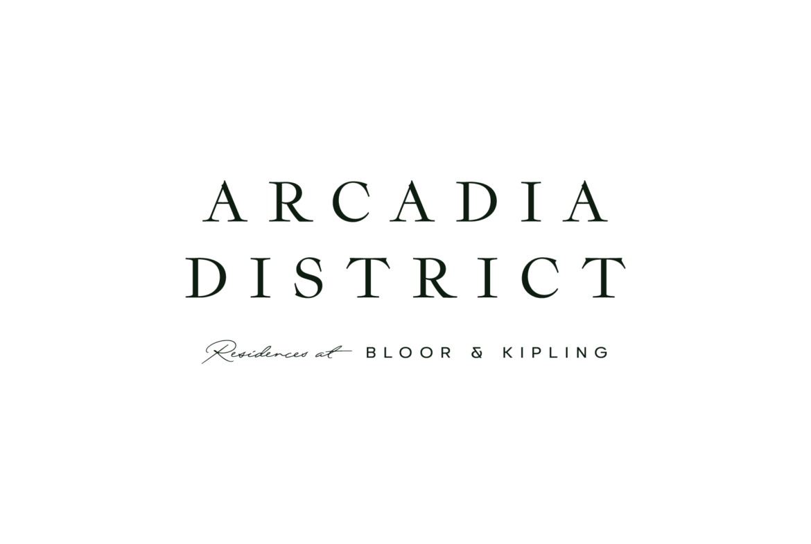 This image features the text "Arcadia District" in large, green letters on a black background, with "Pre Construction Homes" in smaller text underneath.