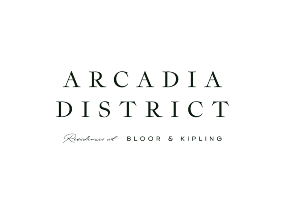 This image features the text "Arcadia District" in large, green letters on a black background, with "Pre Construction Homes" in smaller text underneath.