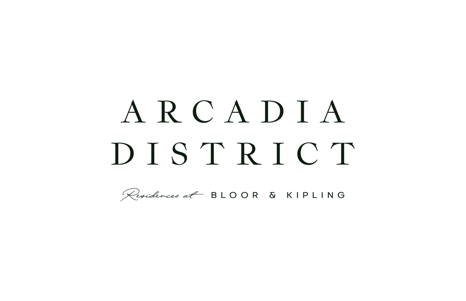 This image features the text "Arcadia District" in large, green letters on a black background, with "Pre Construction Homes" in smaller text underneath.