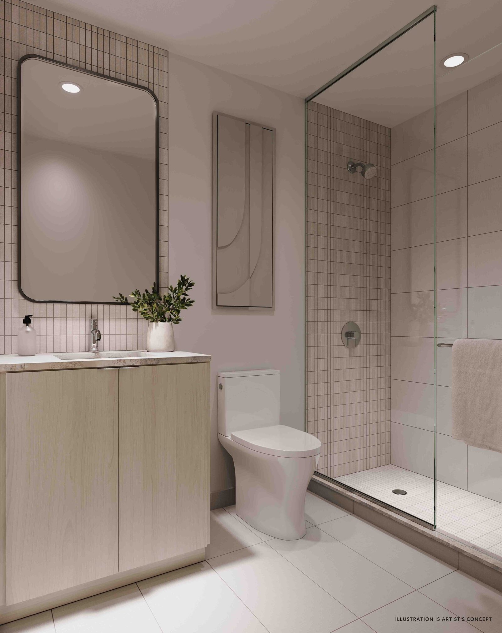 Modern bathroom in Sg Homes with soft pink walls, a wooden vanity with a rectangular mirror, a glass-enclosed shower, beige tiles, and subtle lighting.