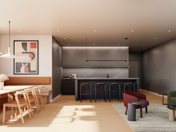 Modern open-plan apartment interior with a kitchen featuring a marble countertop and black stools, a dining area with a wooden table and benches, and a living area with a green sofa, all under warm lighting