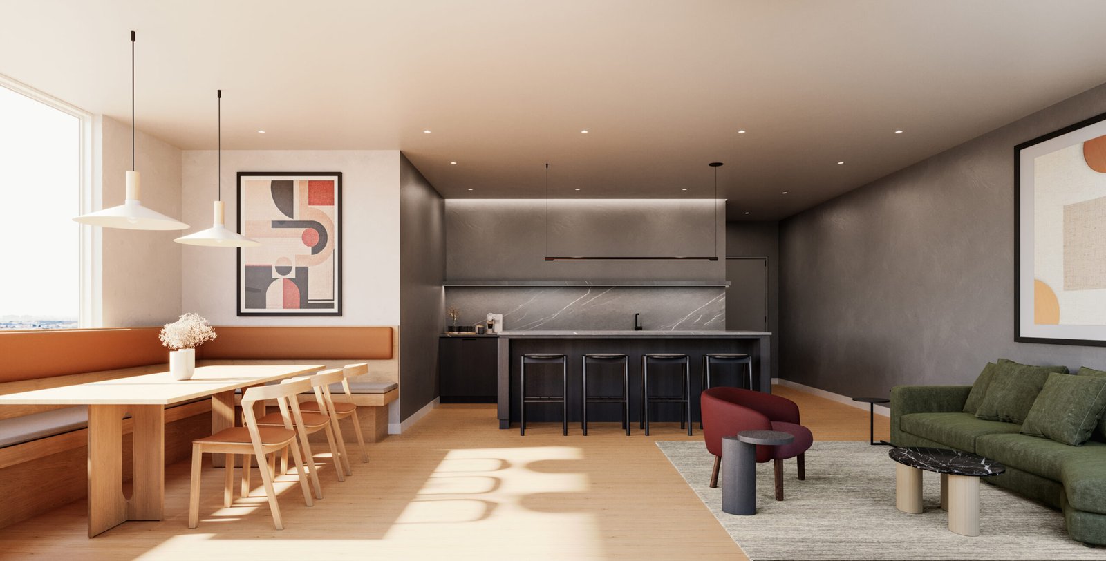 Modern open-plan apartment interior with a kitchen featuring a marble countertop and black stools, a dining area with a wooden table and benches, and a living area with a green sofa, all under warm lighting