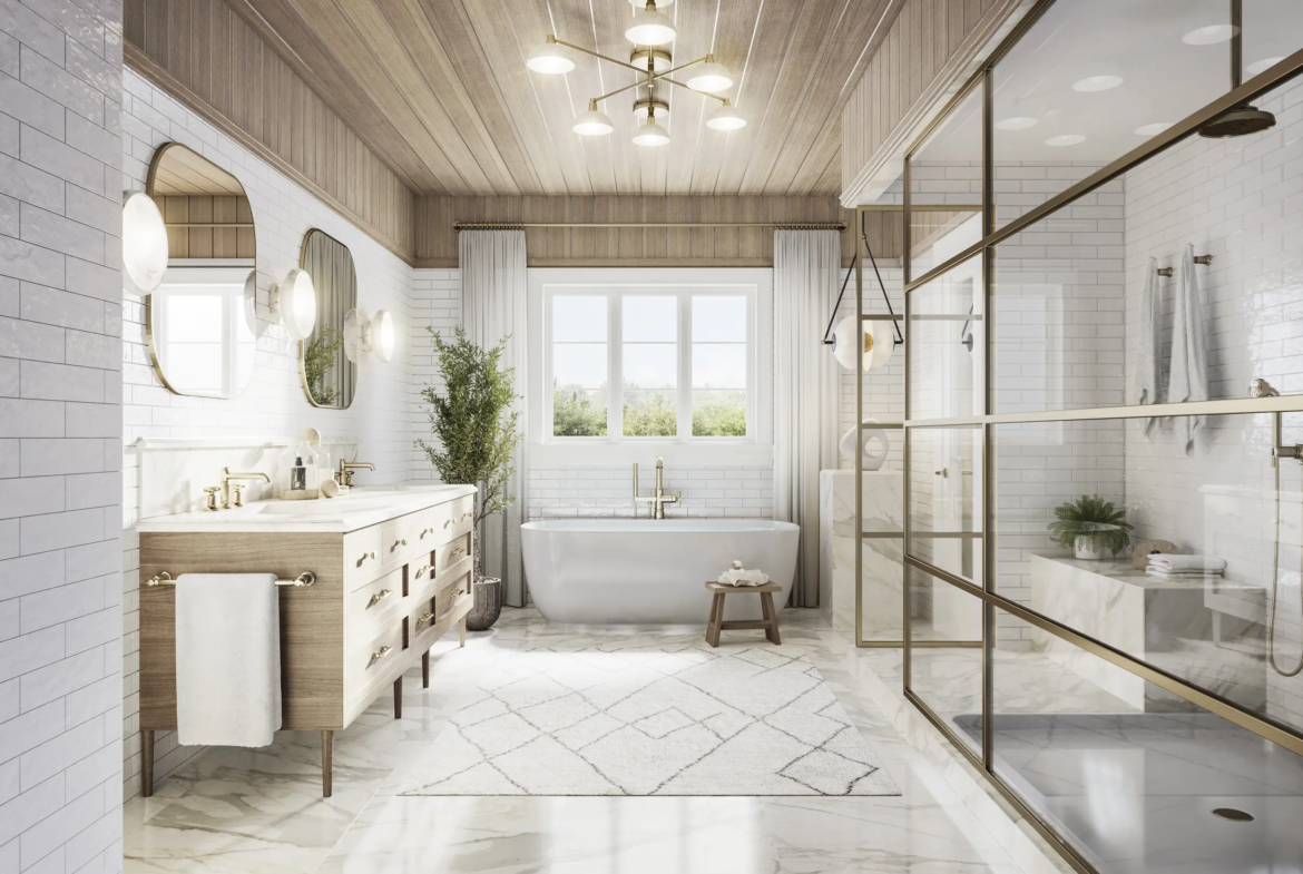 Modern bathroom with light wood and white decor. Features freestanding bathtub by a large window, double sink vanity with mirrors, glass-enclosed shower, and wooden ceiling. Light fixtures, green plant, and patterned rug add decorative elements—ideal for new condos in GTA or pre-construction homes.