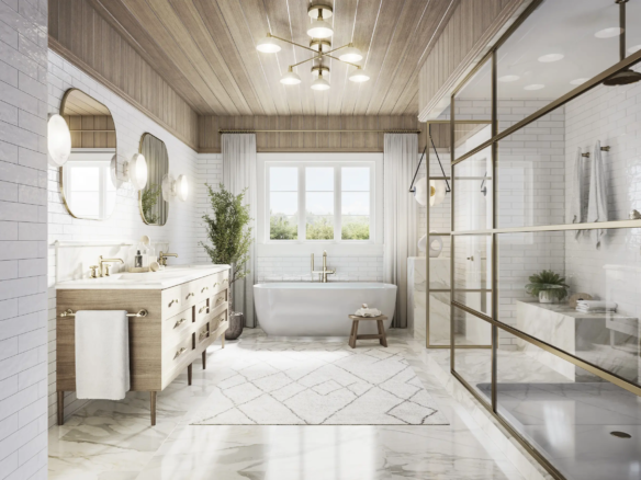 Modern bathroom with light wood and white decor. Features freestanding bathtub by a large window, double sink vanity with mirrors, glass-enclosed shower, and wooden ceiling. Light fixtures, green plant, and patterned rug add decorative elements—ideal for new condos in GTA or pre-construction homes.