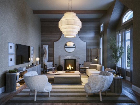 A cozy, modern living room in one of the new homes in GTA features a large central chandelier, three cushioned chairs, a round coffee table, and a striped rug. A fireplace with a large mirror above it is set against a wooden accent wall. Large windows bring in natural light, and potted plants add greenery.