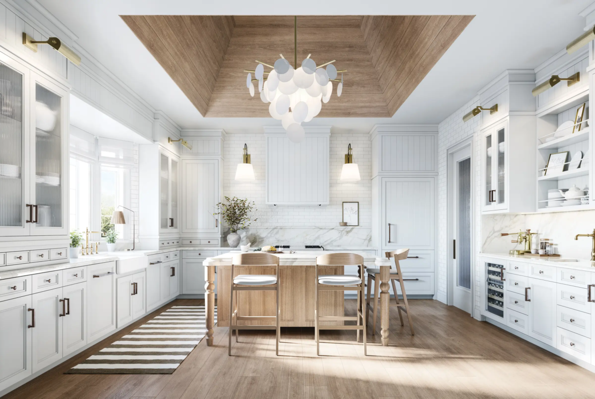 A modern, spacious kitchen with white cabinetry, wood accents, and a large central island with bar stools. A unique chandelier hangs from a recessed wooden ceiling. The room is illuminated by natural light from large windows, with a striped rug on the wooden floor—perfect for new homes in GTA.