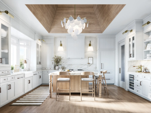 A modern, spacious kitchen with white cabinetry, wood accents, and a large central island with bar stools. A unique chandelier hangs from a recessed wooden ceiling. The room is illuminated by natural light from large windows, with a striped rug on the wooden floor—perfect for new homes in GTA.