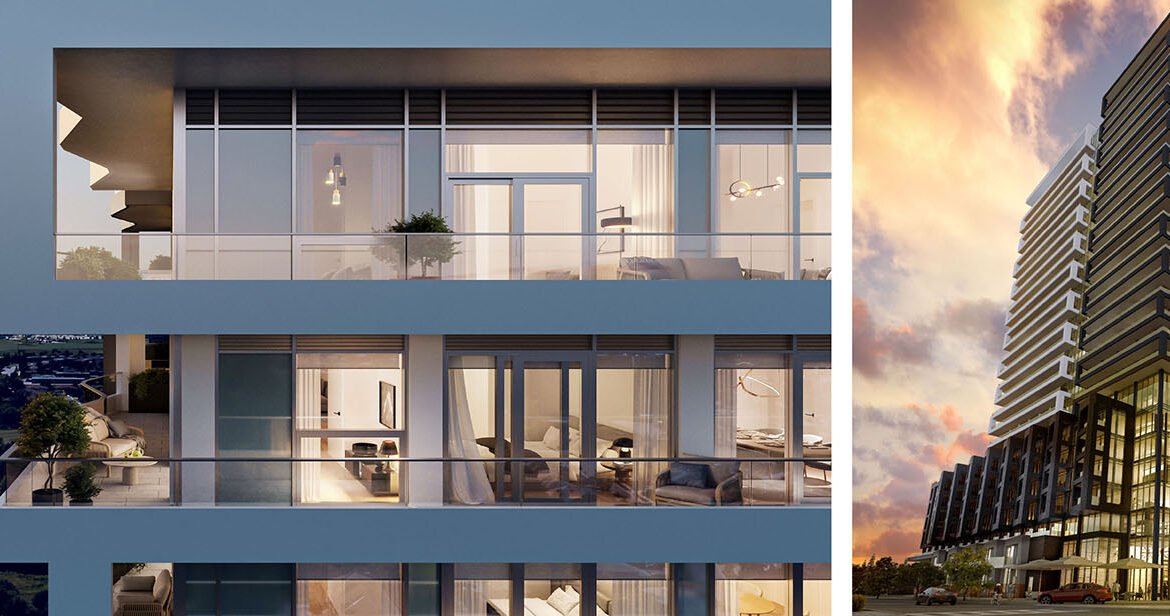A triptych image of Sg Homes: left, a close-up of balconies; center, an inside view through large windows; right, the building at sunset with a dramatic sky