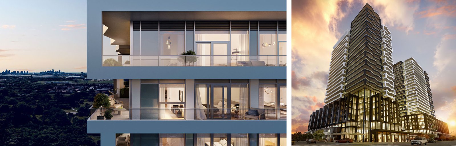 A triptych image of Sg Homes: left, a close-up of balconies; center, an inside view through large windows; right, the building at sunset with a dramatic sky