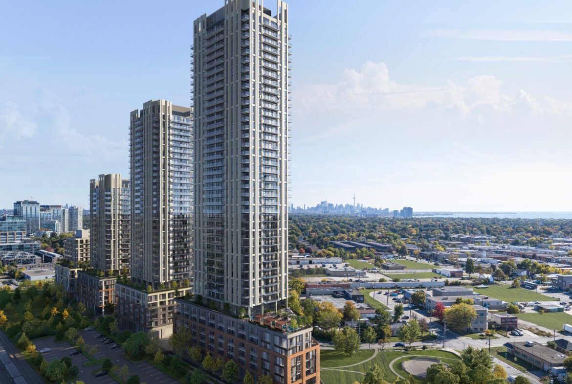 Aerial view of modern skyscrapers and new homes in GTA, with pre-construction homes in an urban landscape, green park spaces, and a distant city skyline under a clear sky.