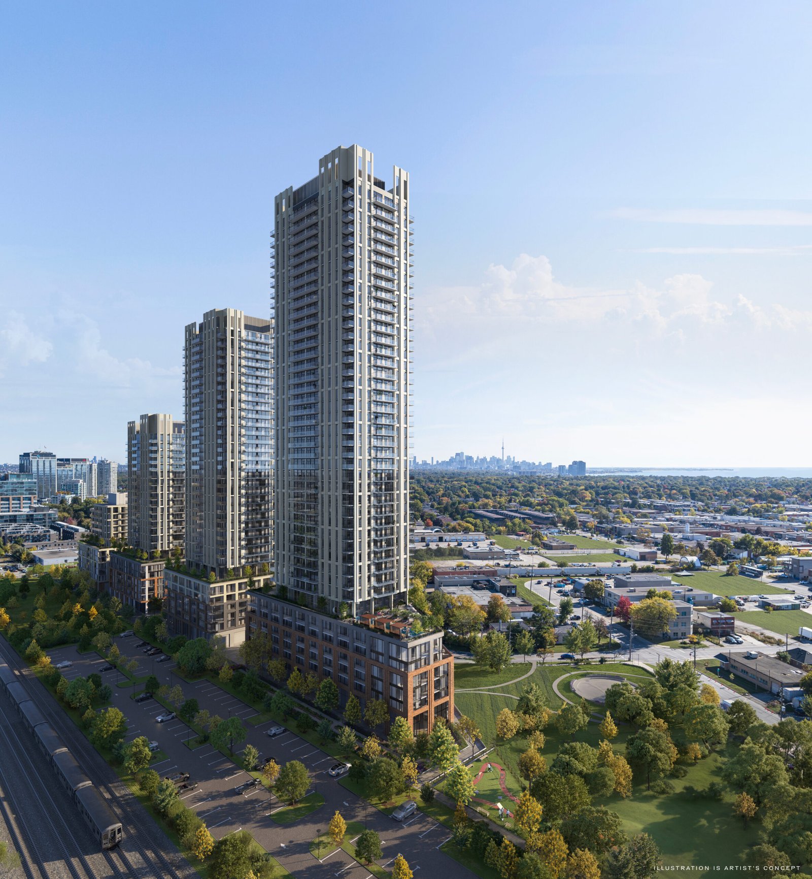 Aerial view of modern skyscrapers and new homes in GTA, with pre-construction homes in an urban landscape, green park spaces, and a distant city skyline under a clear sky.