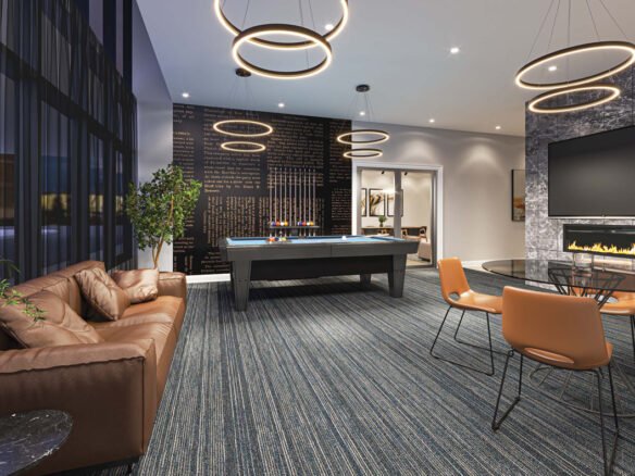 Modern lounge in new homes in GTA, featuring a pool table, leather sofa, circle pendant lights, a fireplace, and a bar area in a stylish indoor setting.