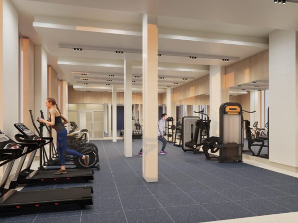 A modern gym in one of the new homes in GTA, featuring large windows, a blue-tiled floor, and beige walls. Three treadmills are in the foreground, one occupied by a woman running. Further back, a man is using weights. Various other workout machines are visible throughout the space.