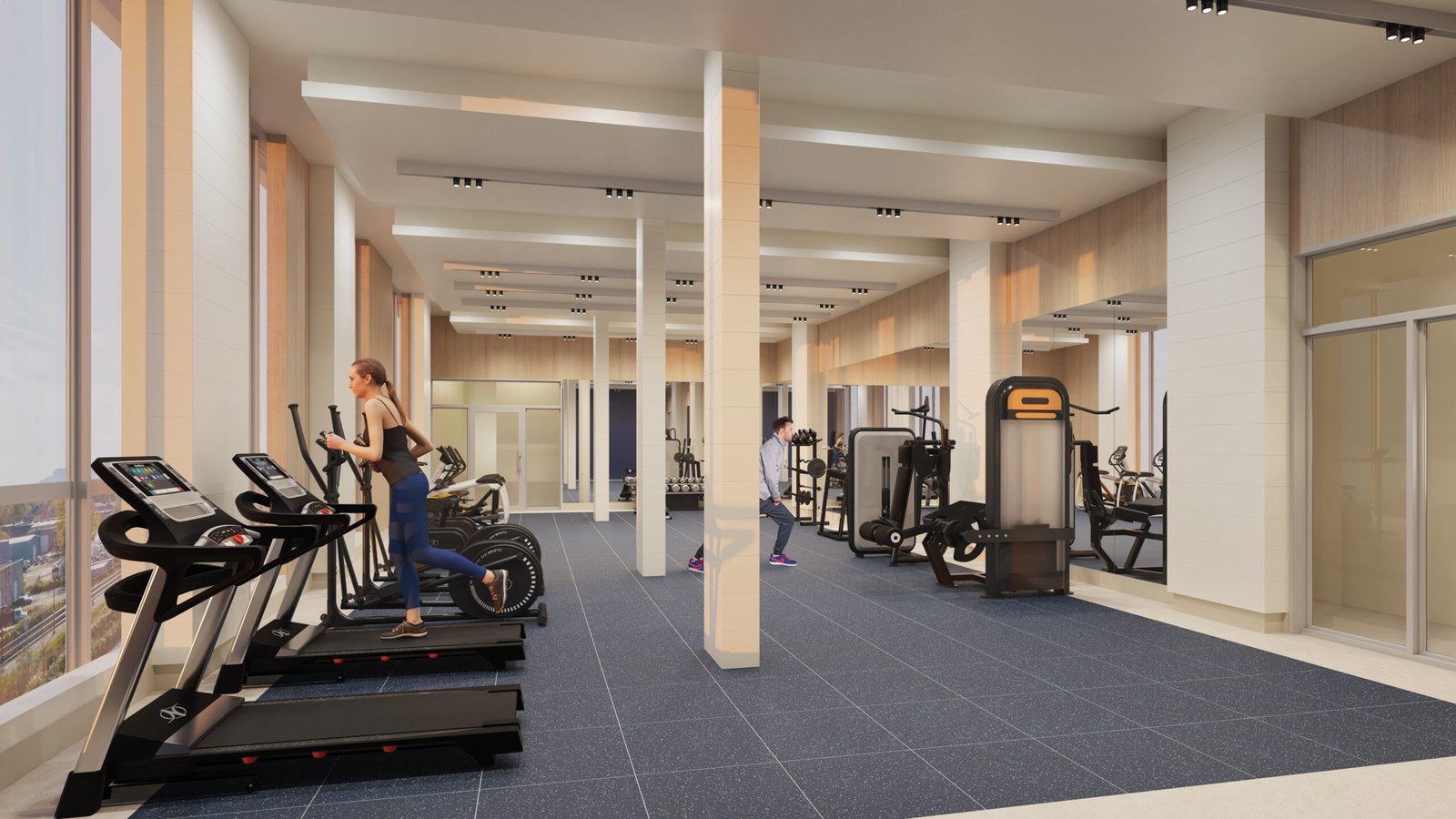A modern gym in one of the new homes in GTA, featuring large windows, a blue-tiled floor, and beige walls. Three treadmills are in the foreground, one occupied by a woman running. Further back, a man is using weights. Various other workout machines are visible throughout the space. A modern gym in one of the new homes in GTA, featuring large windows, a blue-tiled floor, and beige walls. Three treadmills are in the foreground, one occupied by a woman running. Further back, a man is using weights. Various other workout machines are visible throughout the space.