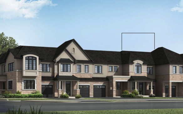 A row of two-story townhouses with dark roofs and light-colored brick and stucco exteriors. Each unit has a driveway and garage, along with small front yards adorned with shrubs. The sky is bright blue with scattered clouds, and trees are visible in the background—perfect new homes in GTA.