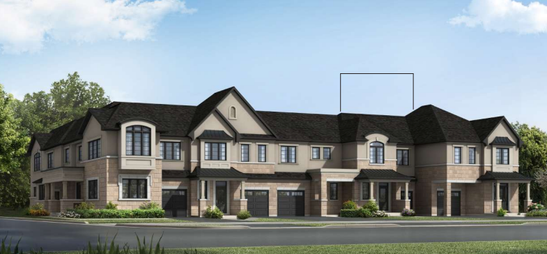 A row of two-story townhouses with dark roofs and light-colored brick and stucco exteriors. Each unit has a driveway and garage, along with small front yards adorned with shrubs. The sky is bright blue with scattered clouds, and trees are visible in the background—perfect new homes in GTA.