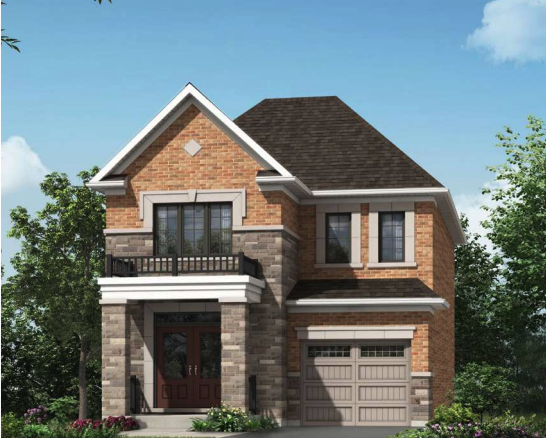 A two-story house with brick and stone exterior. It has a double front door, a balcony above, and a single-car garage. Surrounded by trees and shrubs under a clear blue sky, this home offers the charm often found in new homes in desirable neighborhoods.