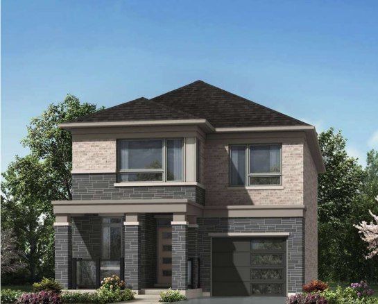 A modern two-story house with a mix of light and dark brick exterior, large windows, a covered front porch, a single garage, and a driveway. The front yard has a manicured lawn, shrubs, and vibrant flowers. Among the new homes in GTA's lush settings, it features greenery against a bright blue sky.