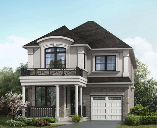 A two-story house with a gray exterior, black-framed windows, and a single-car garage. The front features a covered porch supported by columns, a balcony on the second floor, and surrounding greenery with a small tree and bushes near the driveway. Ideal for those seeking new homes in GTA.