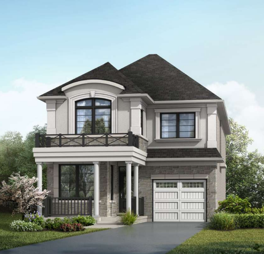 A two-story house with a gray exterior, black-framed windows, and a single-car garage. The front features a covered porch supported by columns, a balcony on the second floor, and surrounding greenery with a small tree and bushes near the driveway. Ideal for those seeking new homes in GTA.