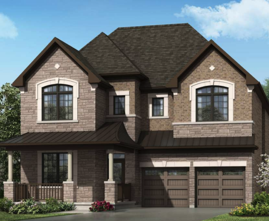 A two-story brick house with a gabled roof, large windows, and a porch. The house features a two-car garage with wooden doors. The front yard is landscaped with bushes and flowers, and the sky is clear and blue. Unlike new homes in pre-construction developments, this house offers timeless charm.