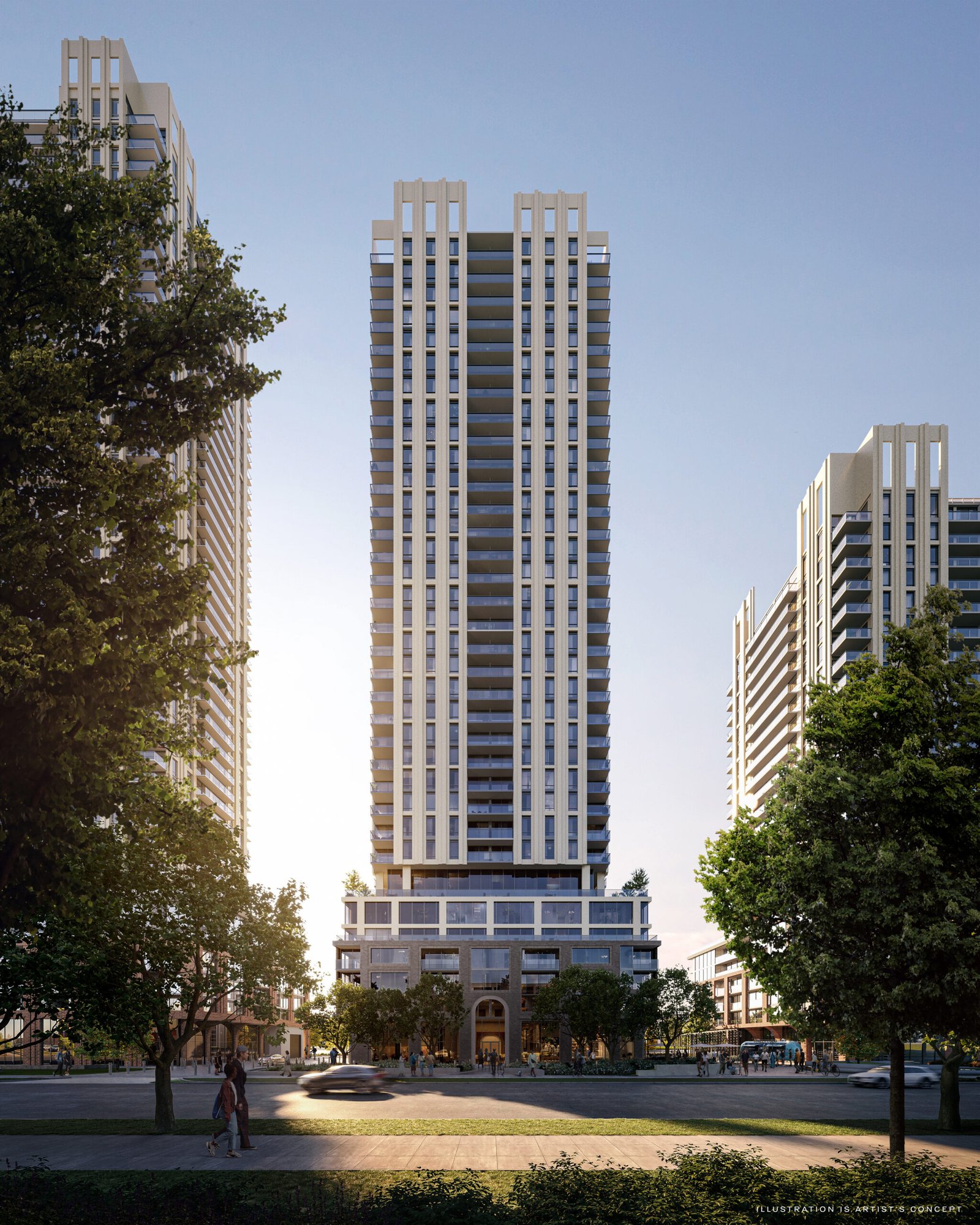 A modern high-rise residential building stands prominently in an urban setting, featuring new condos, bathed in sunlight with a glimpse of lush greenery.