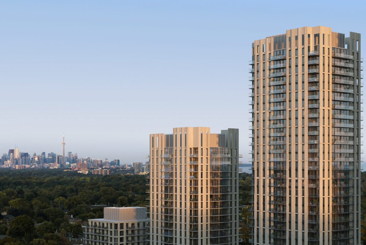 The image depicts a city skyline with modern high-rise buildings in the foreground overlooking a dense forest with New Homes in GTA under a clear blue sky.