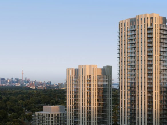 The image depicts a city skyline with modern high-rise buildings in the foreground overlooking a dense forest with New Homes in GTA under a clear blue sky.