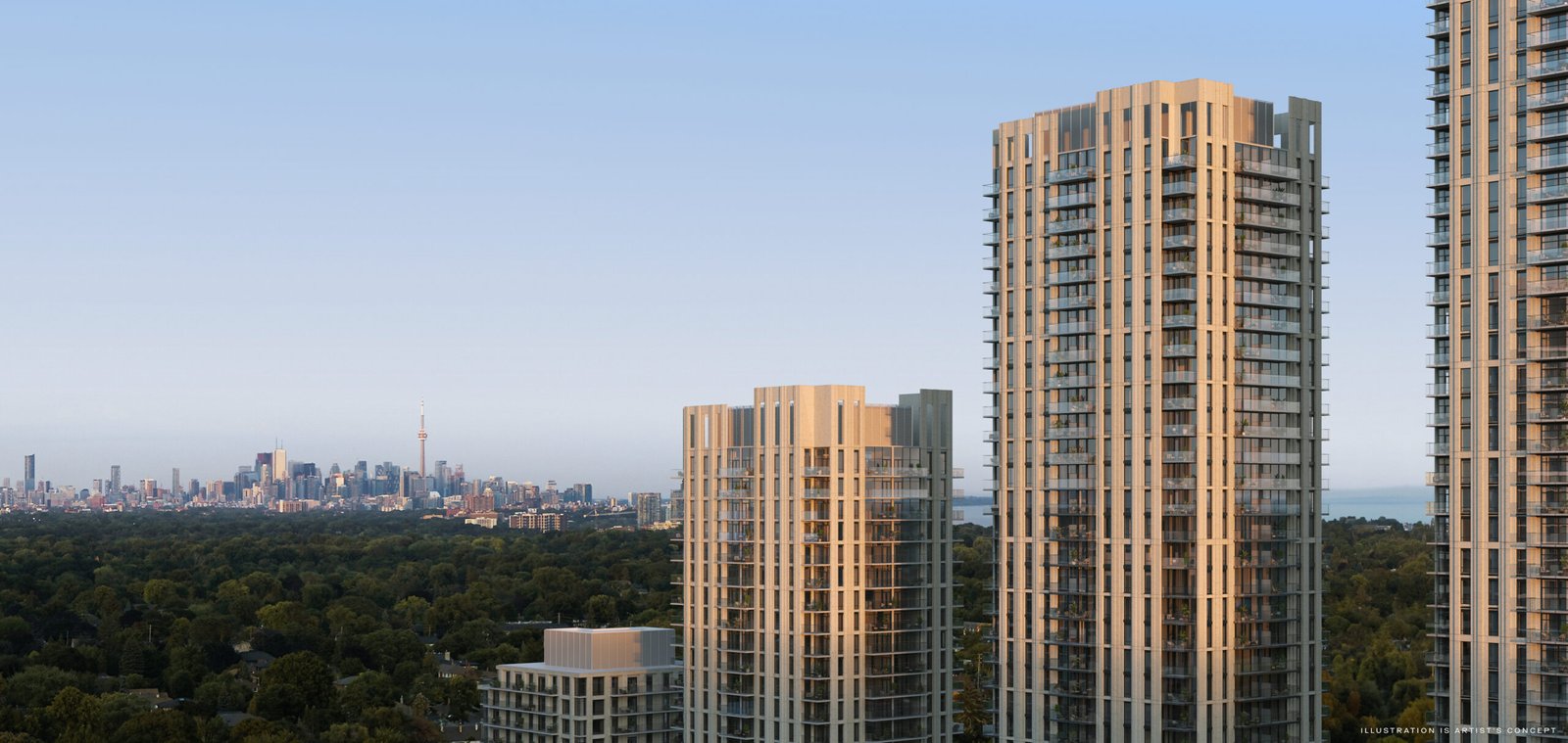 The image depicts a city skyline with modern high-rise buildings in the foreground overlooking a dense forest with New Homes in GTA under a clear blue sky.