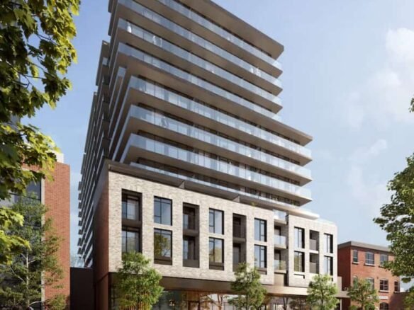 A modern multi-story building with a tiered design stands under a clear blue sky. The lower levels consist of a stone facade, while the upper levels feature glass balconies. New condos in GTA blend seamlessly into this landscape. People walk and sit in a tree-lined plaza below, some with dogs and others chatting.