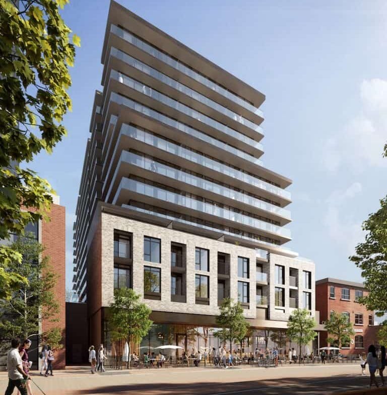 A modern multi-story building with a tiered design stands under a clear blue sky. The lower levels consist of a stone facade, while the upper levels feature glass balconies. New condos in GTA blend seamlessly into this landscape. People walk and sit in a tree-lined plaza below, some with dogs and others chatting.