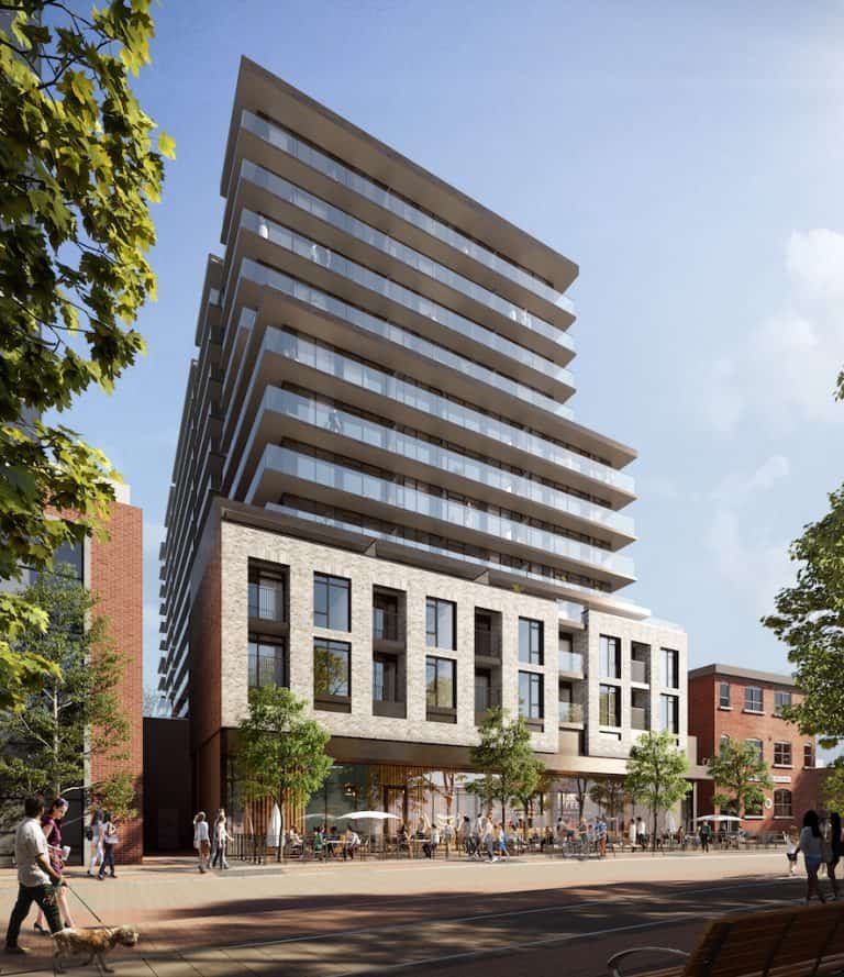 A modern multi-story building with a tiered design stands under a clear blue sky. The lower levels consist of a stone facade, while the upper levels feature glass balconies. New condos in GTA blend seamlessly into this landscape. People walk and sit in a tree-lined plaza below, some with dogs and others chatting. A modern multi-story building with a tiered design stands under a clear blue sky. The lower levels consist of a stone facade, while the upper levels feature glass balconies. New condos in GTA blend seamlessly into this landscape. People walk and sit in a tree-lined plaza below, some with dogs and others chatting.