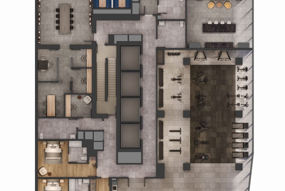 New condos feature a 3D top-down view of a modern apartment layout, illustrating detailed interior design including living areas, kitchen, bedrooms, and bathrooms in varied shades of gray and brown.
