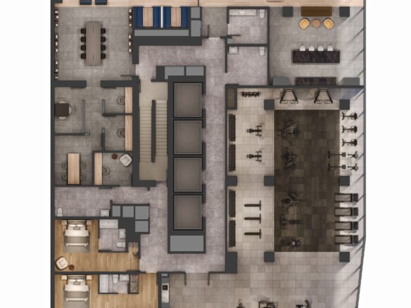 New condos feature a 3D top-down view of a modern apartment layout, illustrating detailed interior design including living areas, kitchen, bedrooms, and bathrooms in varied shades of gray and brown.
