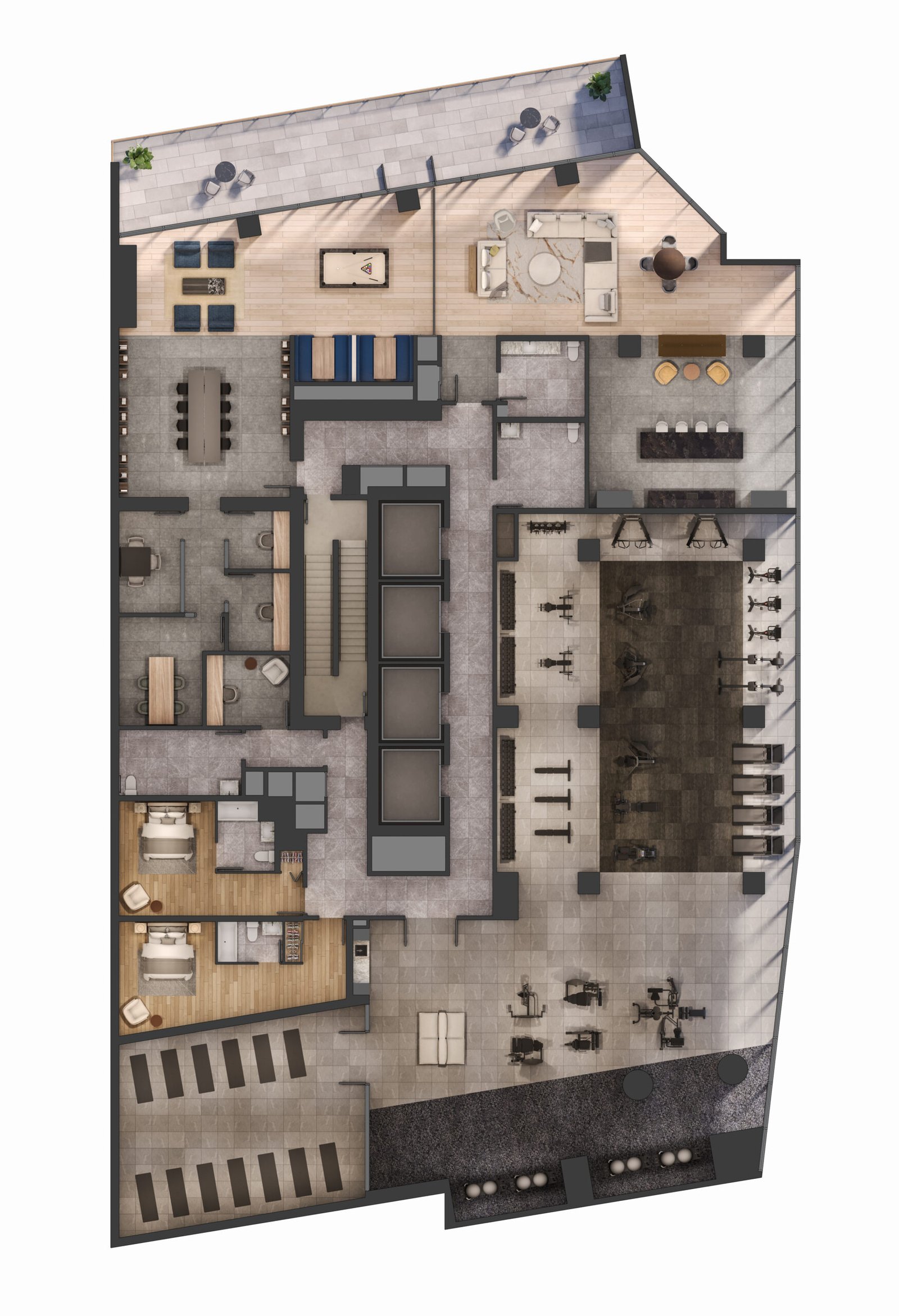 New condos feature a 3D top-down view of a modern apartment layout, illustrating detailed interior design including living areas, kitchen, bedrooms, and bathrooms in varied shades of gray and brown.