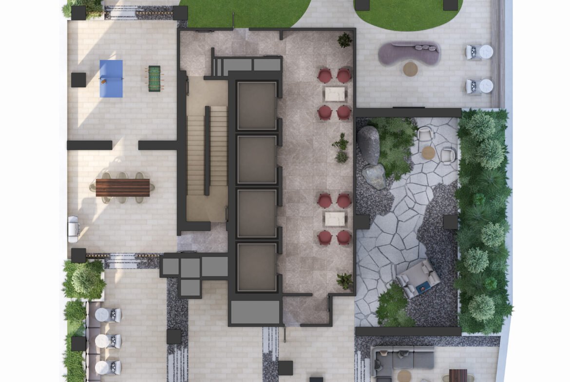 Aerial view of a detailed landscape design plan for new condos, featuring a central building surrounded by pathways, various seating areas, green spaces, and decorative plants.