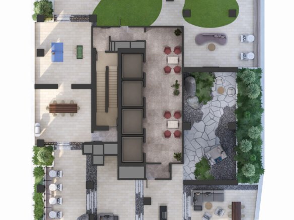 Aerial view of a detailed landscape design plan for new condos, featuring a central building surrounded by pathways, various seating areas, green spaces, and decorative plants.