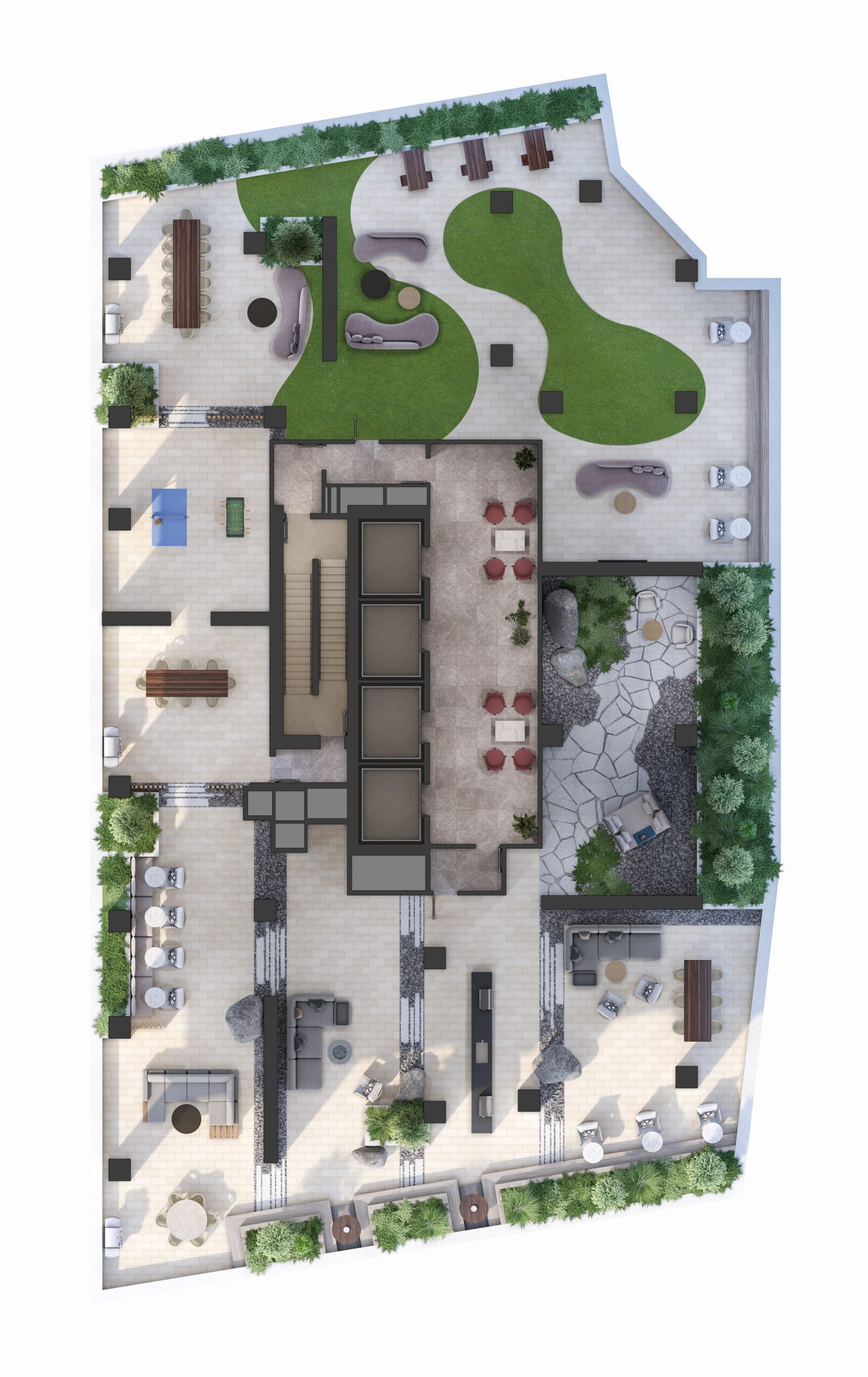 Aerial view of a detailed landscape design plan for new condos, featuring a central building surrounded by pathways, various seating areas, green spaces, and decorative plants.