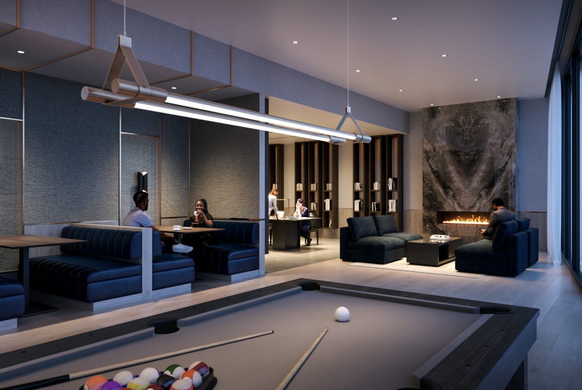 A modern lounge with groups of people socializing, featuring sleek blue sofas, a pool table with white balls, and decorative dim lighting in the backdrop of New condos.