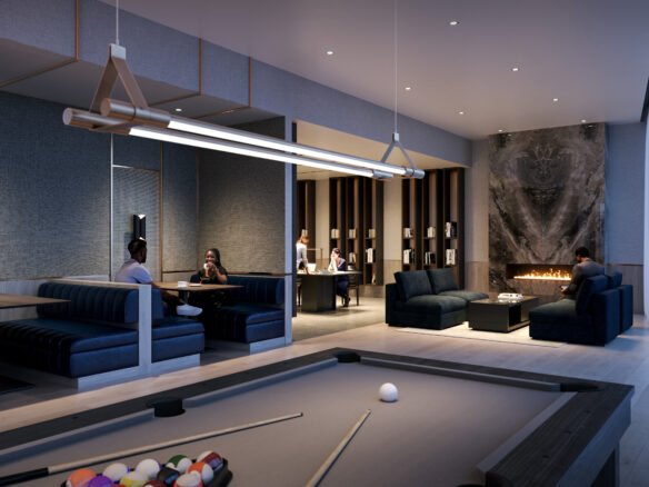 A modern lounge with groups of people socializing, featuring sleek blue sofas, a pool table with white balls, and decorative dim lighting in the backdrop of New condos.