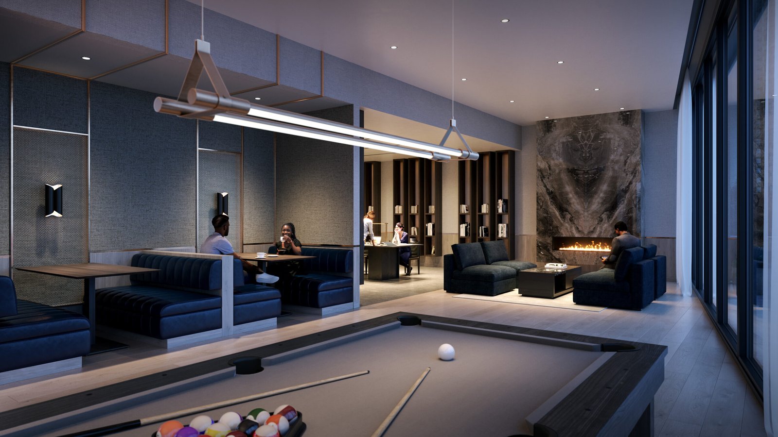 A modern lounge with groups of people socializing, featuring sleek blue sofas, a pool table with white balls, and decorative dim lighting in the backdrop of New condos.