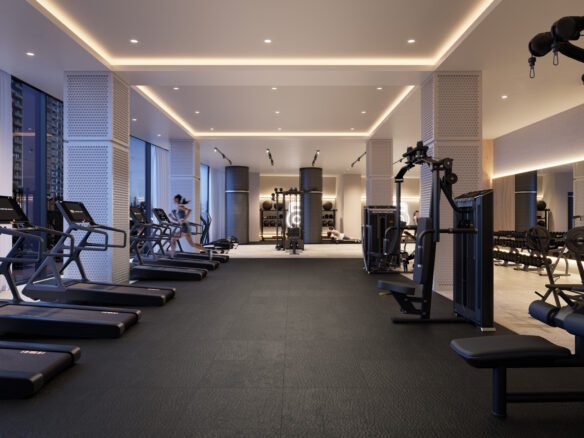 Modern Sg Homes gym interior with treadmills, weights, and exercise equipment; featuring ambient lighting and clean design. One person visible, using equipment in the background.